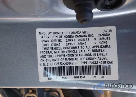2019 Honda Civic Sport from USA, damaged, VIN 2HGFC2F83KH564218